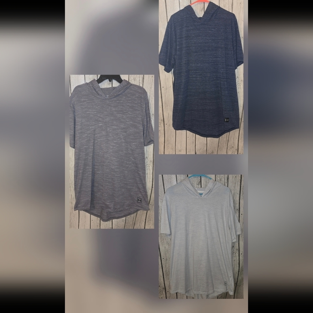 Lot of 3 Under Armour Men’s XXL Short Sleeve Hooded Performance Shirts Gray Blue